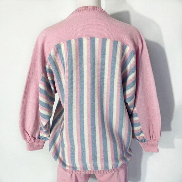 春ニット✿８分袖トップス ピンク×ブルー ストライプ 334 PINK BLUE