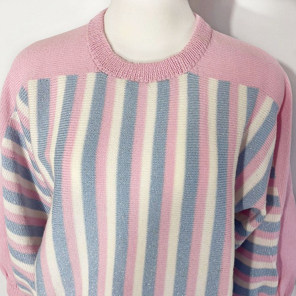 春ニット✿８分袖トップス ピンク×ブルー ストライプ 334 PINK BLUE