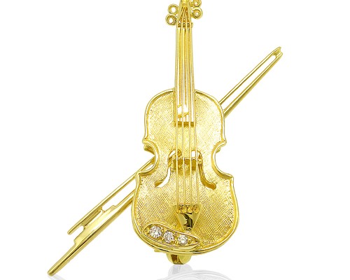 【お陰様で完売！】「1点物」K18 イエローゴールド 楽器 ヴァイオリン モチーフ 天然石ダイヤ ペンダント＆ブローチ