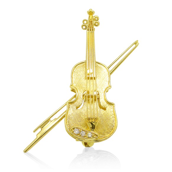 18金琥珀バイオリン ピンブローチ3粒ダイヤ入 - リング