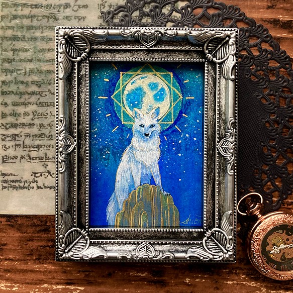 月とオオカミの絵画　満月　/インテリアアート　月の絵　星　狼　おしゃれ 1枚目の画像