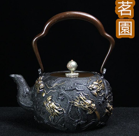 ☆新品☆鉄器 龍 鎏金鉄瓶 銅製蓋 銅製取っ手☆茶道具 未塗装鉄器 提梁