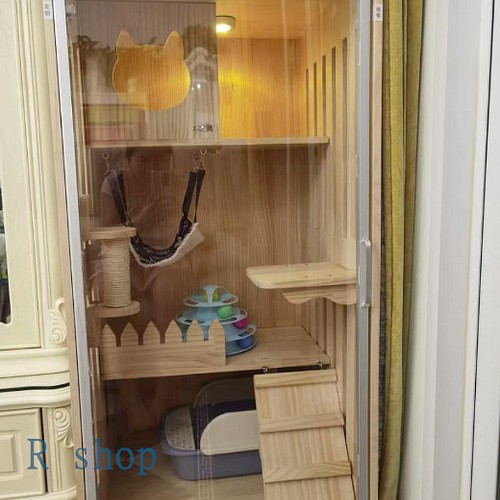 豪華ペット別荘 猫ハウス 透明なドア 通気性 室内用 キャットタワー 