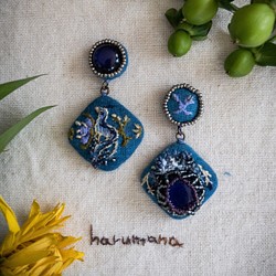 blue peacock刺繍ピアス 1枚目の画像