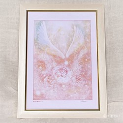 ヒーリングアート、天使の絵　天使の羽根の絵~降り注ぐ愛のヒカリ~ 額装A4ジクレーアート 1枚目の画像