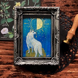 月とオオカミの絵画　半月　/インテリアアート　月の絵　星　狼　おしゃれ 1枚目の画像