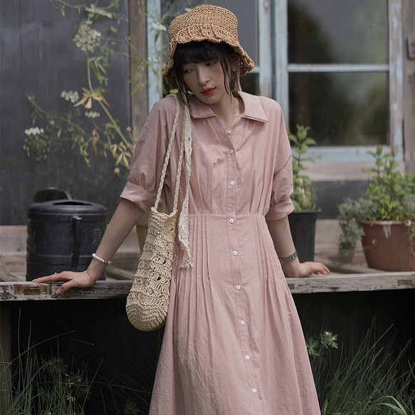 灰粉色捏褶連衣裙|洋裝|夏款|亞麻混紡|Sora-941 第1張的照片