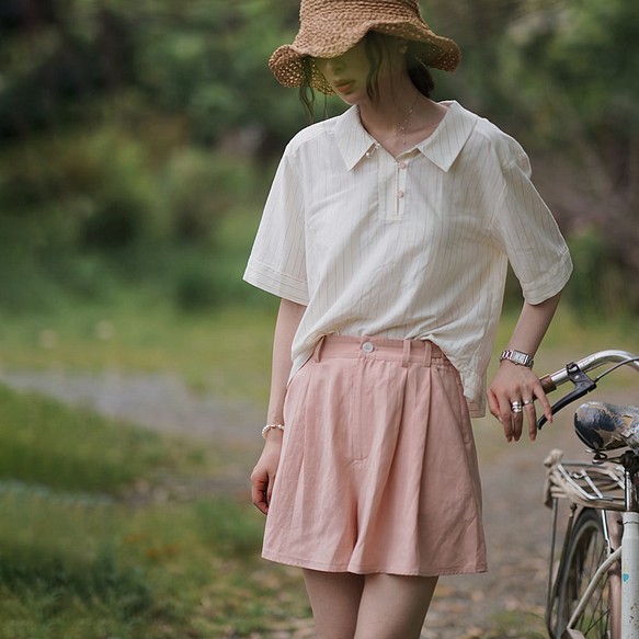 雙色高腰短褲-粉色|褲子|夏款|兩色|Sora-945 第1張的照片