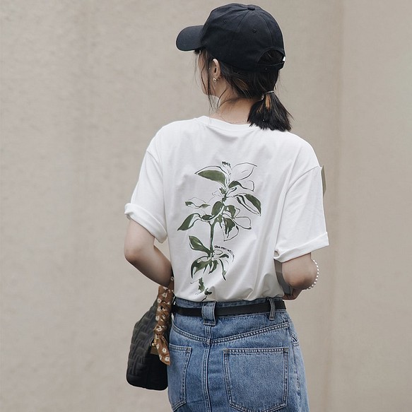 白色樹葉印花T恤|T恤|夏款|Sora-948 第1張的照片