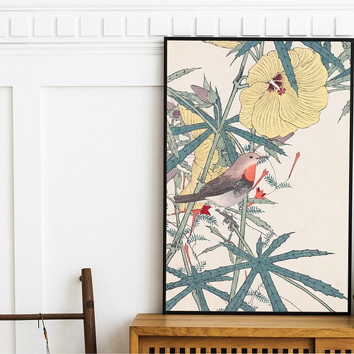 NO.386】黄色い花と野鳥の日本画アートポスター浮世絵和室インテリア和 