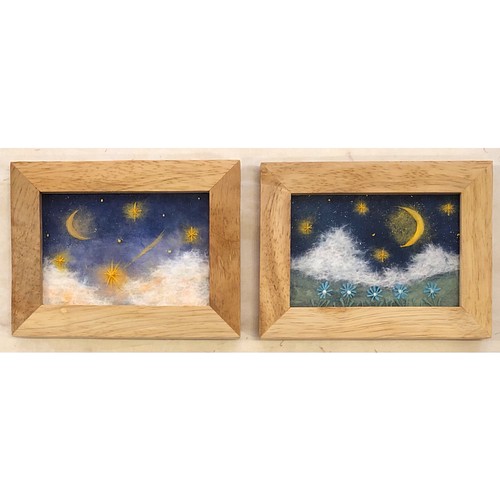 額付・和紙ちぎり絵『三日月とふわふわ雲の星空』写真サイズ原画 絵画