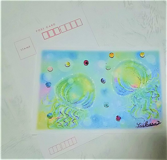 暑中お見舞い絵葉書4枚セット 海に光るクラゲ パステルアート イラスト カード レター T S Arts 通販 Creema クリーマ ハンドメイド 手作り クラフト作品の販売サイト