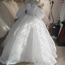 フランス風 法式 ウエディングドレス ふわふわ袖  編み上げ 華やかなトレーン プリンセスライン /前撮り/花嫁/結婚式 1枚目の画像