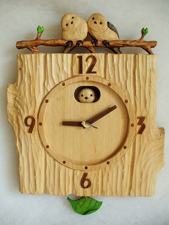 ♪シマエナガの木彫り振り子時計（２羽）♪替え振り子付き