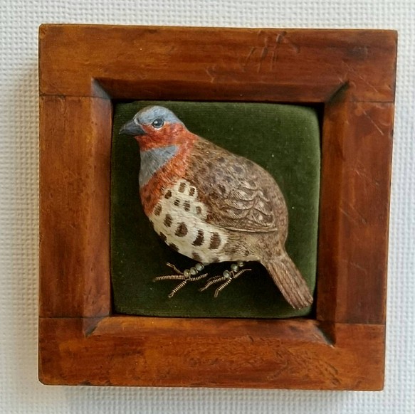 コジュケイのブローチ 額付き 木で作った鳥のブローチ 木彫り-バード