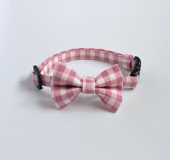 【Dull Pink Check x Bow Tie】Cat Collar Ribbon Collar 貓項圈 第1張的照片