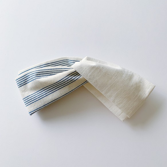 会津木綿のターバン(白にブルー縞×ホワイト) 1枚目の画像