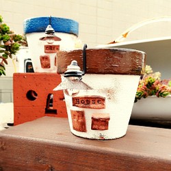 リメ缶・リメイク缶☆ランプのまちの鉢Ａ☆お家 １個（リメ缶・リメ鉢） 1枚目の画像