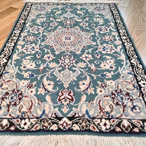 ペルシャ絨毯 ナイン産 マット グリーン 80×50cm 手織り絨毯 