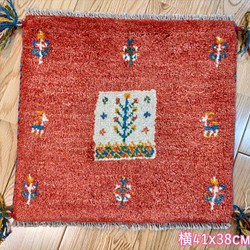ペルシャ　ギャッベ　ミニマット　41x38cm　茜色　パネル　生命の木　手織り絨毯 1枚目の画像