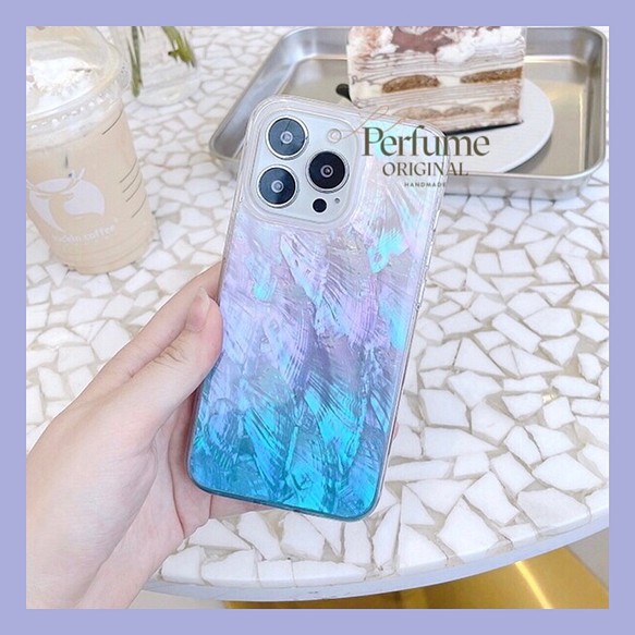 キラキラ天然シェル♡パープルブルー系 貝殻 オリジナル iPhone