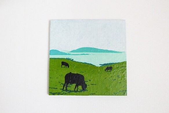 「island」瀬戸内海と黒牛のアクリル画 1枚目の画像