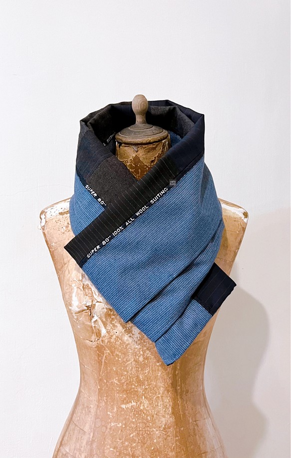 スカーフNo.316*偶爾著運動風的西裝男士*設計師手作古董西裝毛料拼接藍咖啡色塊撞色圍巾 披肩 第1張的照片