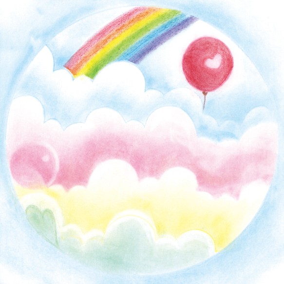 パステル画　風船虹雲　パステルサイズ　手描きイラスト～オリジナル～原画 1枚目の画像
