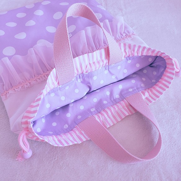 【3件套】荷葉邊帆布●課包●鞋盒●體操旅行箱【尺寸可變】粉色×紫色 第6張的照片