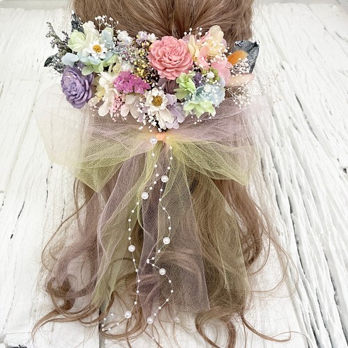 ブーケの様な髪飾り ヘッドドレス サーモンピンク コーラルピンク