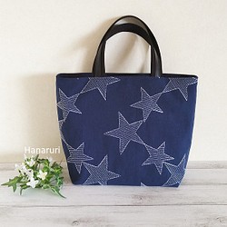 星の刺繍  ミニトートバッグ  ネイビーブルー　星に願いを☆彡 1枚目の画像