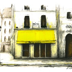 風景画 パリ 版画「街角の黄色いひさしのあるパン屋」 1枚目の画像