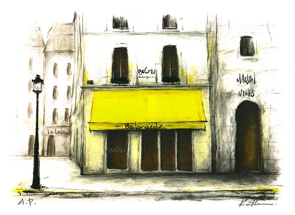 風景画 パリ 版画「街角の黄色いひさしのあるパン屋」 1枚目の画像