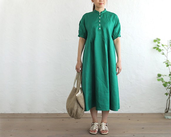 亞麻燈籠袖打褶連衣裙（綠色）OP20。 第1張的照片