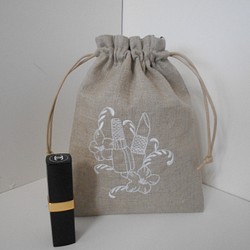 レトロなコスメ刺繍のリネンの巾着ポーチ　中　 1枚目の画像
