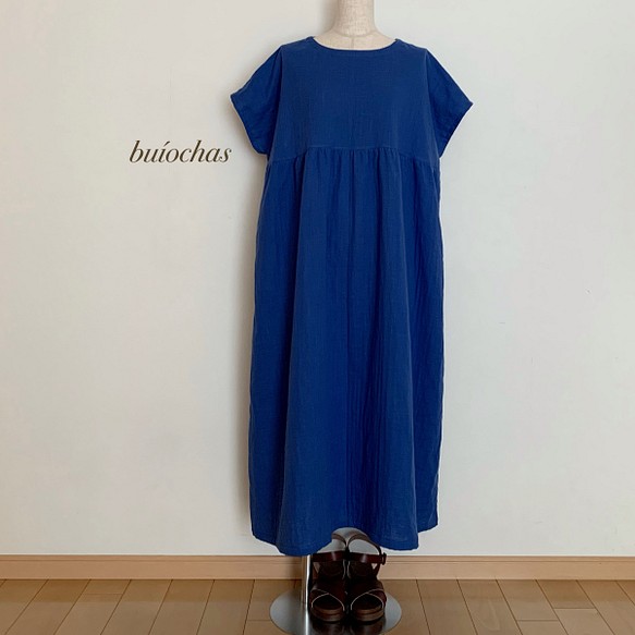 Wガーゼ 半袖ゆったり切り替えワンピース(royal blue) ワンピース