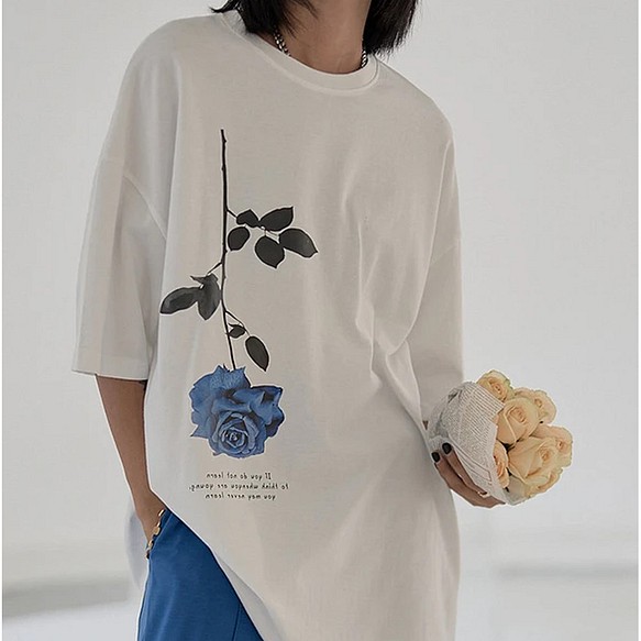 2021【アニエスべー】青い薔薇のコットンプリントシャツシャツブラウス３８サイズ