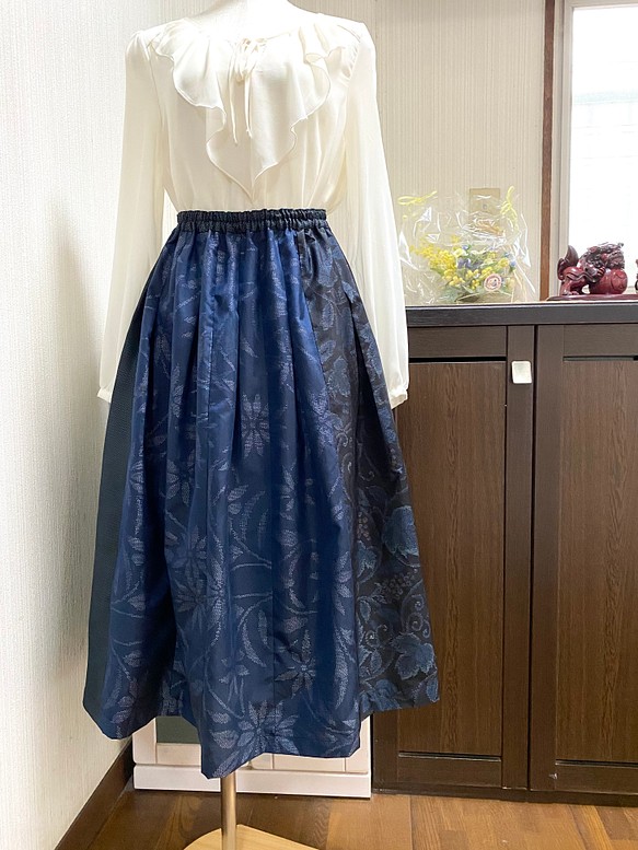 大島紬 3柄 紺色系パッチワーク スカート 花柄 着物リメイク ミモレ 