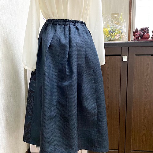 大島紬 3柄 紺色系パッチワーク スカート 花柄 着物リメイク ミモレ 
