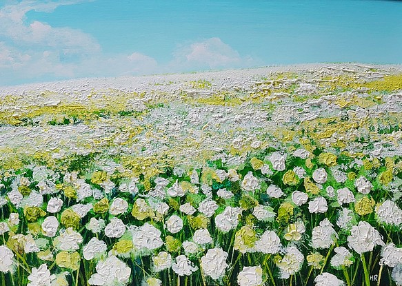 油絵 絵画 シロツメクサの花畑【Ａ3】