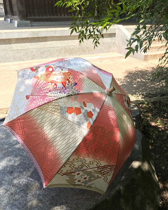 着物リメイク日傘（振袖、扇子、花） 傘・日傘 グリーンキャット（ねこ 