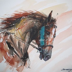 駈ける栗毛の馬２０２２（高級水彩画用紙、３０，５ｃｍ×２３ｃｍ、墨、水彩） 1枚目の画像