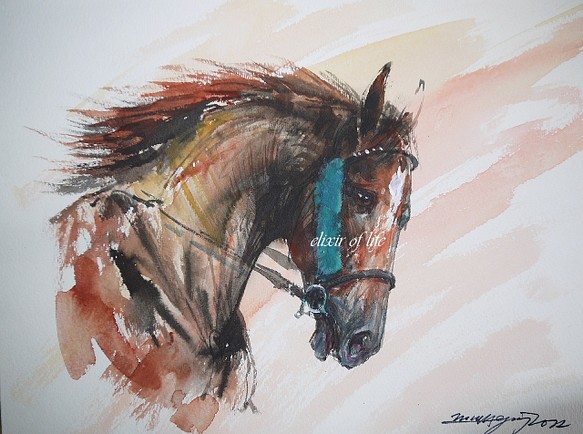 駈ける栗毛の馬２０２２（高級水彩画用紙、３０，５ｃｍ×２３ｃｍ、墨、水彩） 1枚目の画像