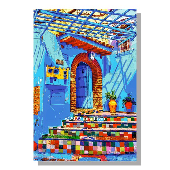 【選べる3枚組ポストカード】モロッコ シャウエンの青い家【作品No.376】 1枚目の画像