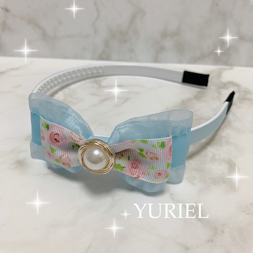 キッズカチューシャ リボン 花柄×水色 カチューシャ YURIEL 通販