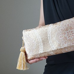 [Gold Hanatate Waki Pattern Silk Obi Remake 2-Way Clutch Bag &am 第1張的照片