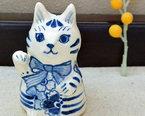 ボタニカル ミディアムベール 【美品】ネコ 白猫 招き猫 陶器 手描き
