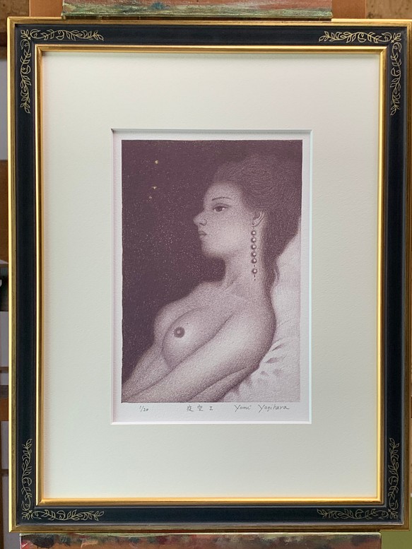 【夜空】#裸婦像　#シート販売　リトグラフ2版2色　手彩色/金　#インテリア 1枚目の画像
