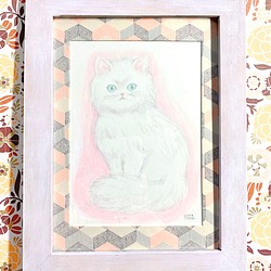 ☆SALE☆ 額装原画 fluffy white cat 1枚目の画像