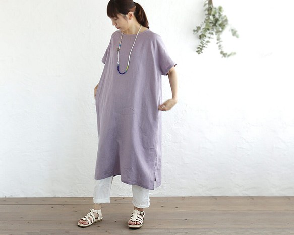 《限量1》亞麻圓領連衣裙成人寬鬆夏裝（紫色）OP19. 第1張的照片